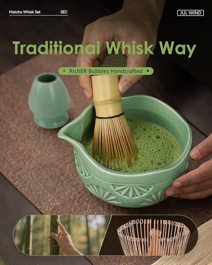 Matcha Whisk Set, Ceramic Matcha Set Includes Matcha Bowl with Spout, Matcha Whisk and Holder, Bamboo Scoop, Sifter and Tea Towel - 6 Pcs Matcha Kit Gift for Matcha Lovers (Green)