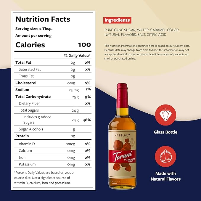 Torani Puremade Syrup, Hazelnut Flavoring for Drinks, GMO Free, Glass Bottle with Pump Included, 25.4 Fl Oz