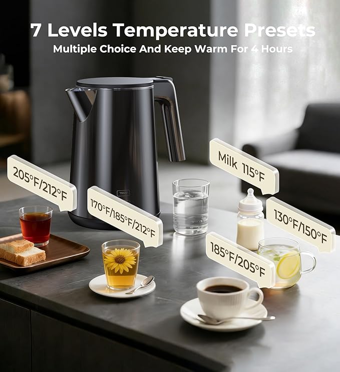 Smart Temperature Control Electric Kettle | 304 Stainless Steel Double-Wall Cool-Touch | 7 Preset Temperatures | 4-Hour Keep Warm | Auto Shut-Off & Boil-Dry Protection - Black