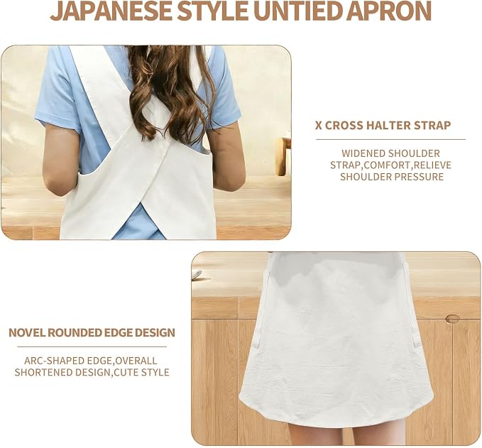 Shortened Design Apron, Japanese Style Soft Cotton Linen Apron with Two Side Pockets, X Cross Halter Aprons, Kitchen Cooking Clothes Gift for Women DIY Project, Crafting, Cooking, Baking(White) - Image 5