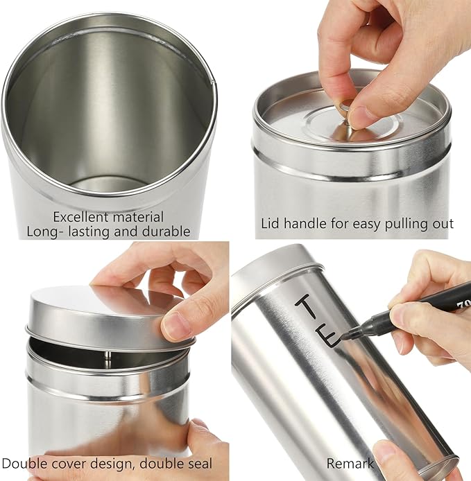 Yesland 8 Pack Tea Tin Canister with Airtight Double Lids, 32 Fluid oz Tea Storage Organizer Tin Can Box Round Loose Leaf Tea Kitchen Canisters for Coffee, Candy, Herbs and Spices(Silver)