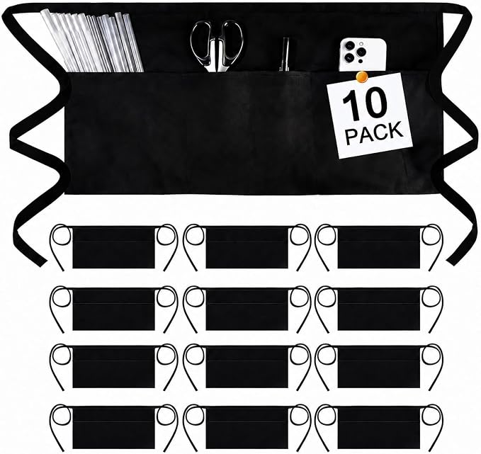 mwellewm 10 Packs Server Apron with 3 Pockets, Black Serving Half Waitress Apron for Women and Men, Widened and Extended Waist Strap Reinforced Seams Water and Stain Resistant for Book Phone by Mwellewm