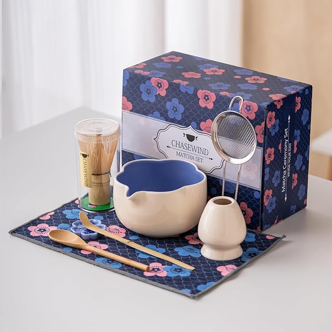 Matcha Set, 8Pcs Floral Ceramic Matcha Kit with Matcha Whisk, Holder, Scoop, Scoop Rest, Sifter, Spoon and Tea Towel - Thoughtful Matcha Whisk Set Gift for Matcha Lovers (Beige & Blue)
