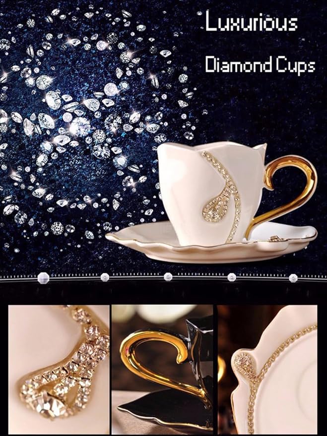 Ceramic Tea Cup and Saucer Set Decorative Rhinestone Coffee Mug Gift for Women 7oz (Black)