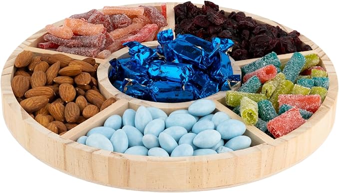 Wooden Candy Platters - Set of 2, 10" Round Bamboo Serving Trays for Parties, Events, and Home Decor - 6 Compartment Candy and Snack Organizer (2 Pack)