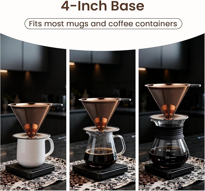 【2.0 Upgraded】Pour Over Coffee Dripper, Stainless Steel Drip Cone Brewer, Reusable Metal Coffee Strainer with Non-Slip Ring & Handle, Paperless Pour Over Coffee Maker (2.0 Titanium Copper)