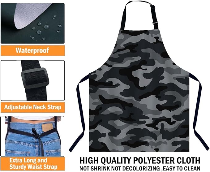 Camouflage Pattern Black and Gray Bib Apron with Adjustable Neck for Men Women,Suitable for Kitchen Cooking Chef Grill Bistro BBQ Apron - Image 3