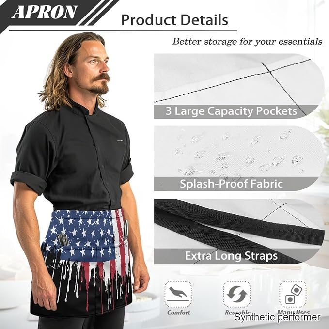 Waist Apron with 3 Pockets Waterproof 13 Inch Short Half Waist Aprons Women Men Server Aprons Waitress Waiter Apron - Image 6