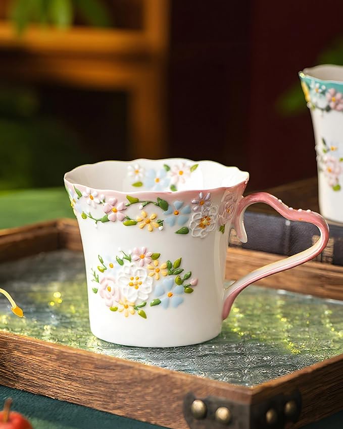 12oz Embossed Floral Ceramic Coffee Mug – Handcrafted Cottagecore Pottery Cup with Vintage Pastel Design, Dishwasher & Microwave Safe, Romantic Gift Mug for Her