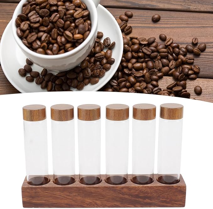 Fockety Coffee Bean Storage Tubes Single Dose, 6PCS or 12PCS Coffee Bean Cellar, Dosing Glass Vials with Lids, Wooden Display Stand and Funnel, Airtight Sealed Glass Canister Jars Tubes