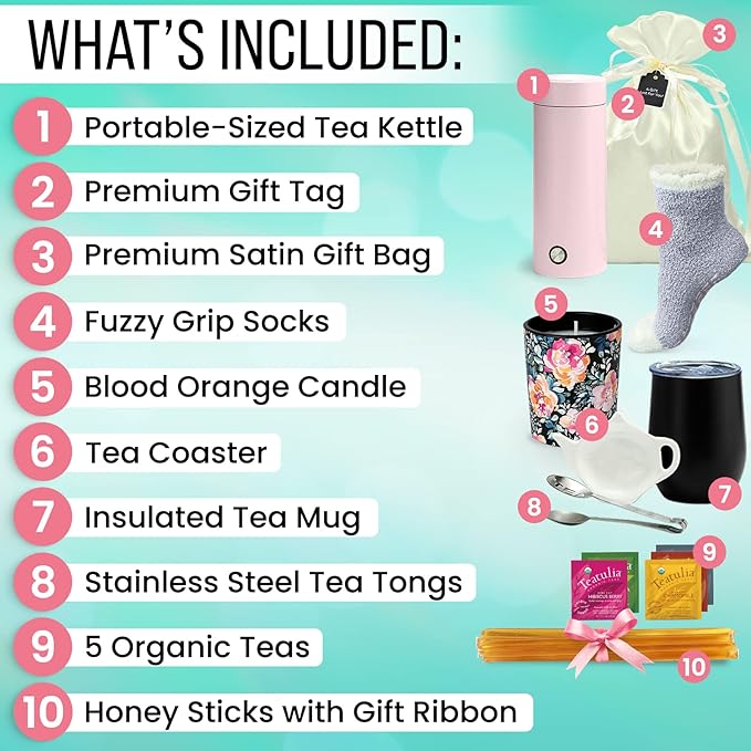 Tea Gift Basket for Women with Portable Kettle and Grippie Socks | Birthday Gift Set for Her, Mom,Wife, Co-Worker, Teacher Appreciation, Get Well