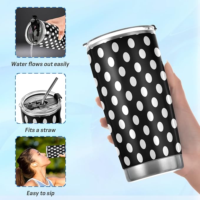 Tumbler Polka Dot Black White Insulated Coffee Cup Beverage Container Travel Mug with Straw and Lid Double Wall Stainless Steel 20oz BPA-Free for Sport, Back to School