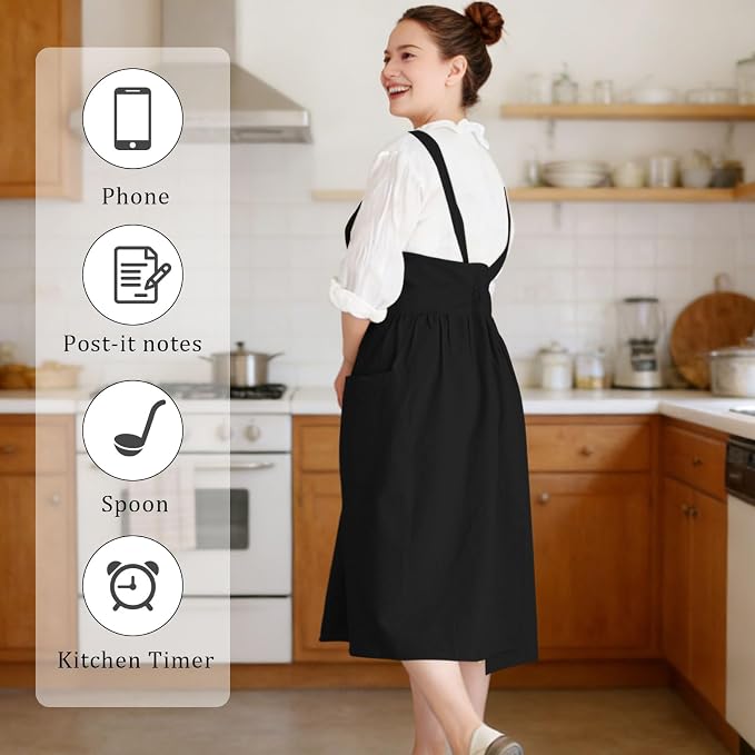 Cotton Linen Cross Back pinafore Apron Dress for Women with Pockets for Cooking Cleaning - Crossback Apron - Black - without Waist Ties - Image 5