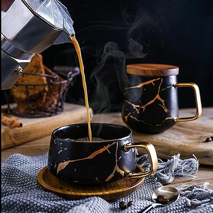 Peohud 2 Pack Ceramic Tea Coffee Cup, 10 OZ Coffee Mug with 304 Stainless Steel Spoon and Bamboo Saucer, Marble Espresso Cups for Latte, Cappuccino, Americano, White and Black