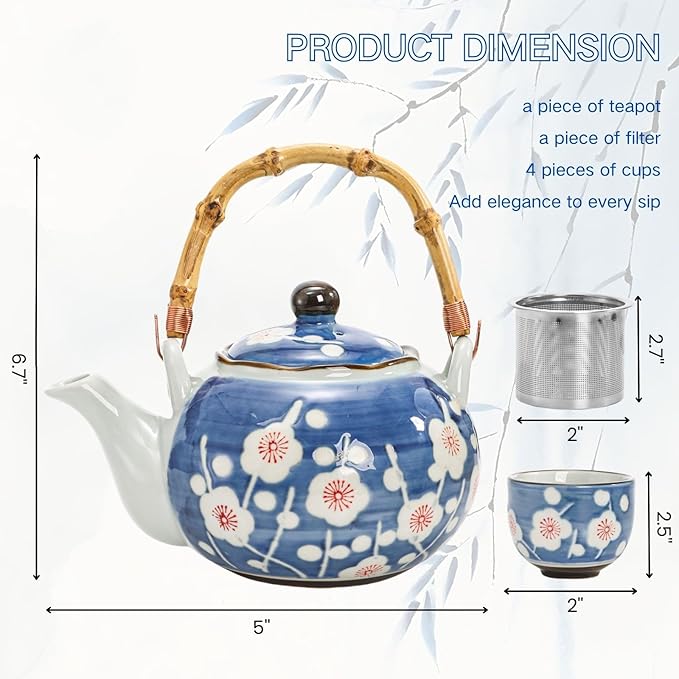 Japanese Tea Set, Ceramic Floral Tea Pot and 4 Pieces Cups with Infuser Bamboo Handle, Traditional Bone China Teapot Kit Gift for Coffee, Water, Home, Office