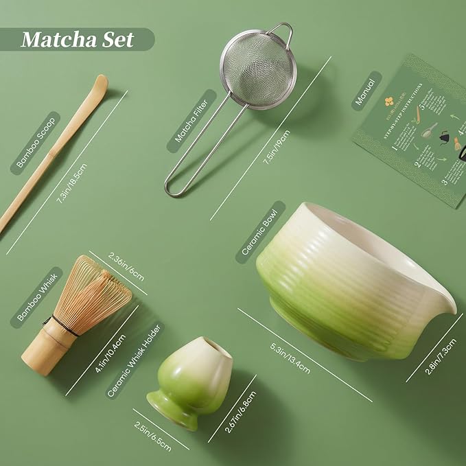 Matcha Set, Japanese Matcha Kit with Ceramic Bowl & Holder, Bamboo Whisk & Scoop, Stainless Steel Sifter, Complete Matcha Accessories Set for Traditional Tea Ceremony, Home & Gift,Green
