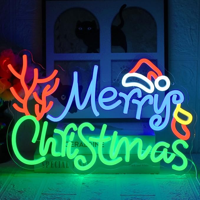 Merry Christmas Neon Sign Dimmable LED Merry Christmas Light Sign for Wall Decor, USB Powered LED Colorful Sign with Hat for Bedroom Living Room Kids Room Decoration