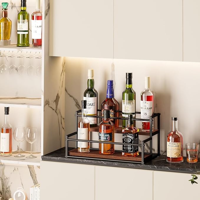 THYGIFTREE Liquor Bottle Display Shelf, 2 Tier Bar Shelf Stand for Liquor & Whiskey, Countertop Liquor Rack Organizer with Metal Frame & Wood Base for Home Bar Kitchen - Image 5