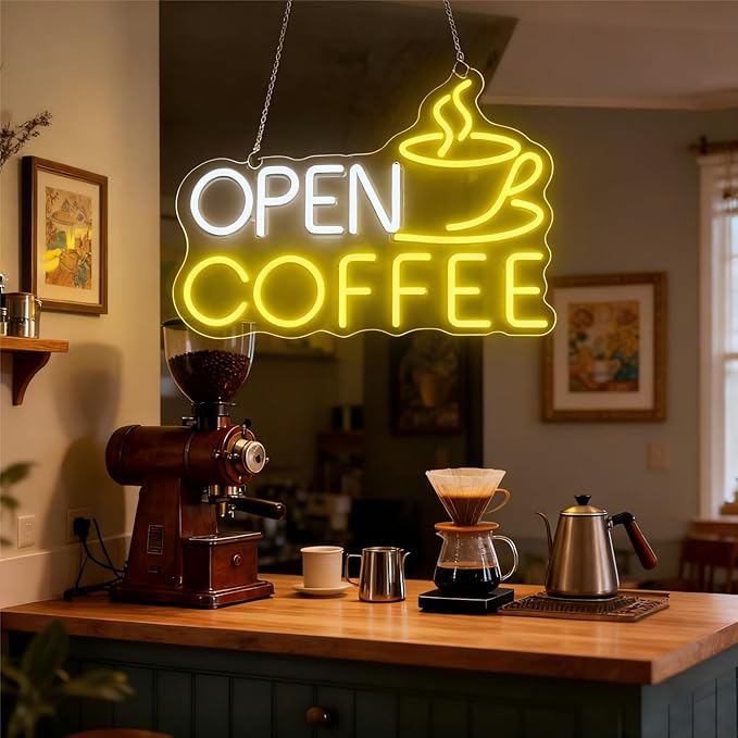 Open Coffee LED Neon Sign for Shops, Home Coffee Bar Essential, Espresso Stations, Front Window, Nook Decors,10-Level Brightness Adjustable, Neon Light Sign 17Inch,Warm White and Yellow for Mother's Day Décor Gifts