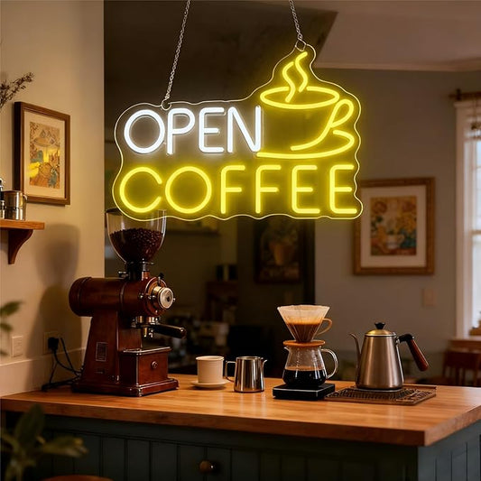 Open Coffee LED Neon Sign for Shops, Home Coffee Bar Essential, Espresso Stations, Front Window, Nook Decors,10-Level Brightness Adjustable, Neon Light Sign 17Inch,Warm White and Yellow for Mother's Day Décor Gifts