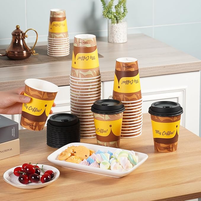 Tamone 100 Pack 12 oz Thanksgiving Cups Fall Disposable Coffee Cups with Lids, Paper Coffee Cups with Lids, Cold/Hot Drinking Paper Cups for Water, Juice or Tea, Disposable Paper Cups for Home