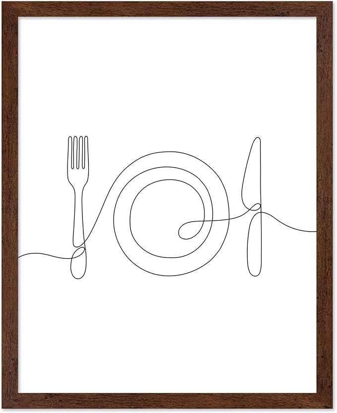 Poster Master Vintage Minimalist Poster - Retro Illustration Print - Fork, Plate, Knife, Line Drawing, Simple - Gift for Artist, Friend - Wall Decor for Kitchen, Restaurant, 8x10 Brown Framed