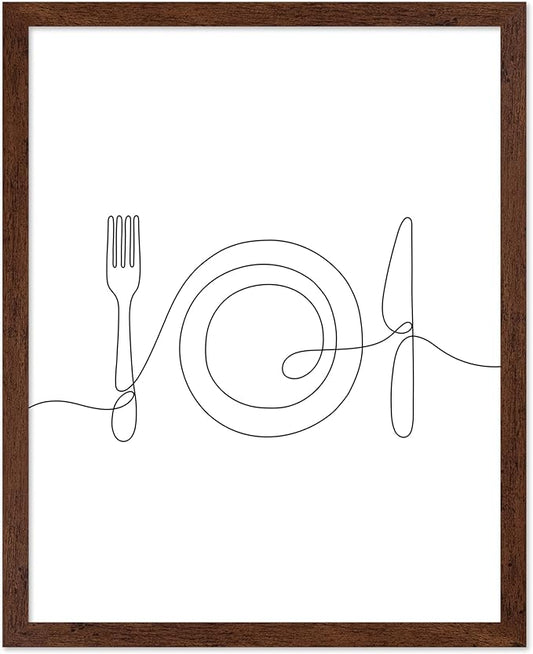 Poster Master Vintage Minimalist Poster - Retro Illustration Print - Fork, Plate, Knife, Line Drawing, Simple - Gift for Artist, Friend - Wall Decor for Kitchen, Restaurant, 8x10 Brown Framed