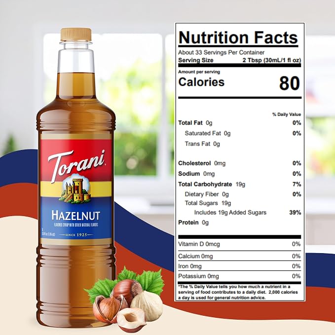 Torani Hazelnut Syrup 1 Liter Bottle with Pump – Premium Coffee Flavoring Made with Pure Cane Sugar & Natural Flavors for Lattes, Cappuccinos, Desserts, Cocktails & More – Rich Nutty Sweetener - Image 2