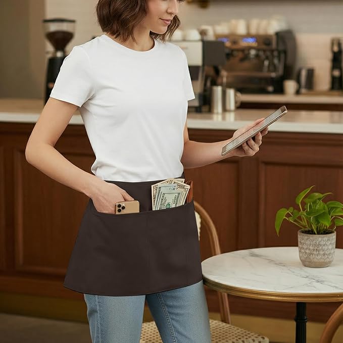 BOHARERS Waist Apron with 3 Pockets - Brown Waitress Waiter Server Short Apron（brown）