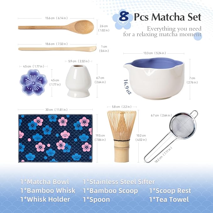 Matcha Set, 8Pcs Floral Ceramic Matcha Kit with Matcha Whisk, Holder, Scoop, Scoop Rest, Sifter, Spoon and Tea Towel - Thoughtful Matcha Whisk Set Gift for Matcha Lovers (Beige & Blue)