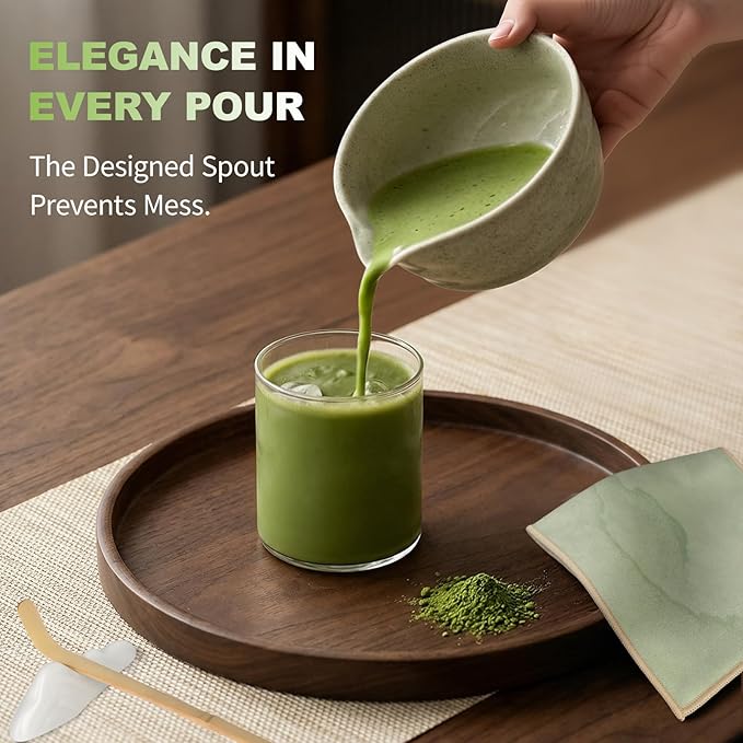 SIMPLETaste Matcha Whisk Set, 7 Pcs Ceramic Matcha Kit Includes Bowl, Whisk and Holder, Bamboo Scoop, Scoop Rest, Sifter and Tea Towel - Matcha Kit for Macha Lovers (Green)