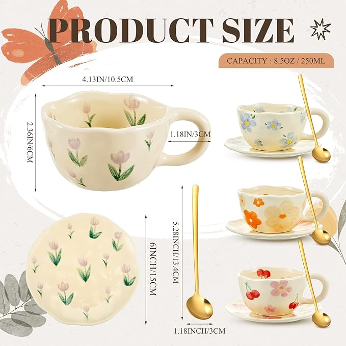 Vesici 4 Set Ceramic Flower Coffee Mug with Saucer Spoon 8.5 oz Vintage Floral Aesthetic Mugs Cute Tea Milk Cup for Women Mom Gift, Dishwasher and Microwave Safe (Mixed Styles)