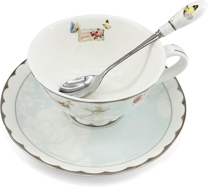 Vintage Ceramic Teacup, Elegant Coffee Cup with Spoon and Saucer Set,Royal Bone China Tea Cups (Wedding)