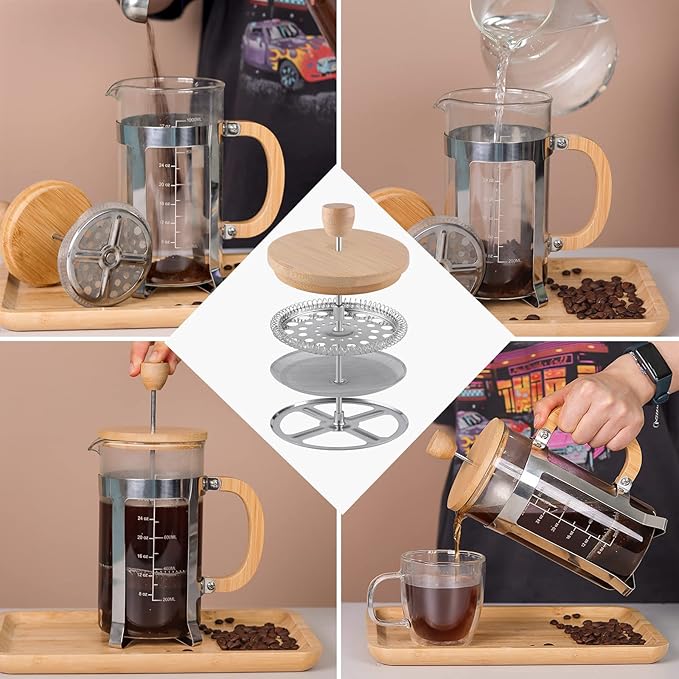 Sivaphe 34 oz French Press Coffee/Tea Maker with Bamboo Lid and Hand Stainless Steel High Borosilicate Glass 1000ml Coffee Brewer Set