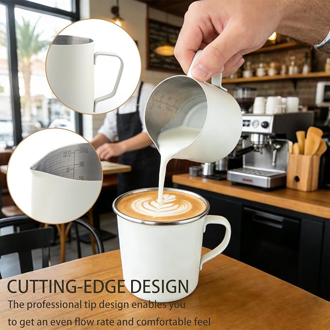 Milk Frother Cup, 20oz/600ml Milk Pitcher, Thickened 304 Stainless Steel Milk Frothing Pitcher for Espresso Coffee, Milk(White)