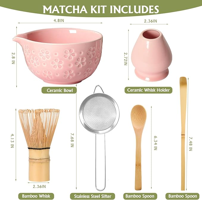 Matcha Whisk Tea Set Kit: Japanese Matcha Kit - Ceramic Bowl Bamboo Whisk Chasen Holder spoon Measuring Scoop Sifter - Traditional Practical for Tea Ceremony Breakfast Lattes - Home Kitchen Christmas