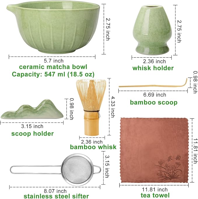 MONOJOY Matcha Whisk Set Ceramic Bowl Kit with Spout, Bamboo Chasen and Holder, Scoop Rest,Sifter Tea Towel Ceremonial Cute Matcha Tea Making Tool,Gift Perfect for Latte Lovers | Beginners,7pcs
