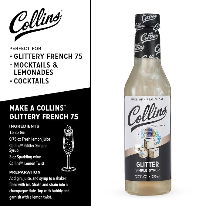 Collins Glitter Simple Syrup, Sparkle Cocktail Mixer with Edible Shimmer, Made with Real Sugar, No High-Fructose Corn Syrup, Ideal for Festive Cocktails and Mocktails, Party Essentials, 12.7 oz - Image 3