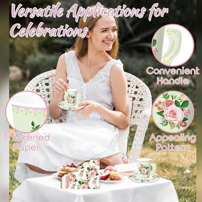 32 Set Floral Paper Tea Cups (7 oz) with Handle & 5.5" Saucers Set, 64pcs Disposable Tea Cup Saucers for Cold & Hot Drinks Serves 32 for Tea Party Wedding Baby Shower Party Supplies