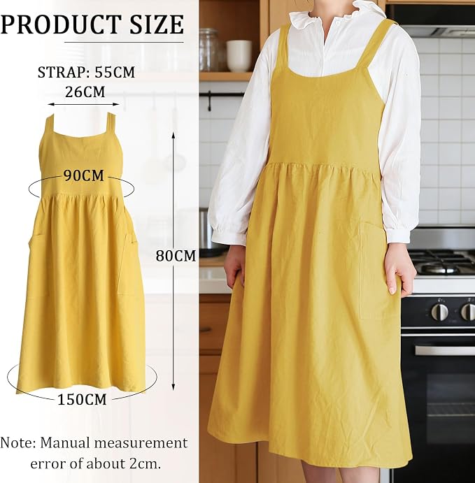 Cotton Linen Cross Back pinafore Apron Dress for Women with Pockets for Cooking Cleaning - Crossback Apron - Yellow - without Waist Ties - Image 4