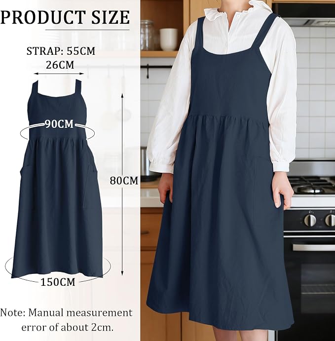Cotton Linen Cross Back pinafore Apron Dress for Women with Pockets for Cooking Cleaning - Crossback Apron - Blue - without Waist Ties - Image 4