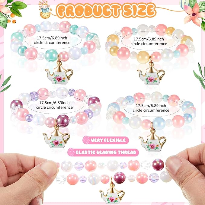 Ecally 24 Pcs Tea Party Favors Bracelet Bulk Tea Pot Beaded Bracelet Gift Party Supplies Pot Pendant Accessories Decorations for Kids Girl
