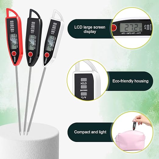 6 Set Waterproof Food Thermometer for Water, Liquid, Candle and Cooking Digital Meat Thermometer with Long Probe Instant Read for Kitchen BBQ Grill Candy (Black,White,Red)