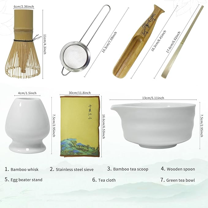 Matcha Whisk Set, Matcha Bowl with Spout, Bamboo Whisk, Scoop, Sifter, Whisk Holder – Home & Kitchen Décor, Perfect for Christmas, Birthdays