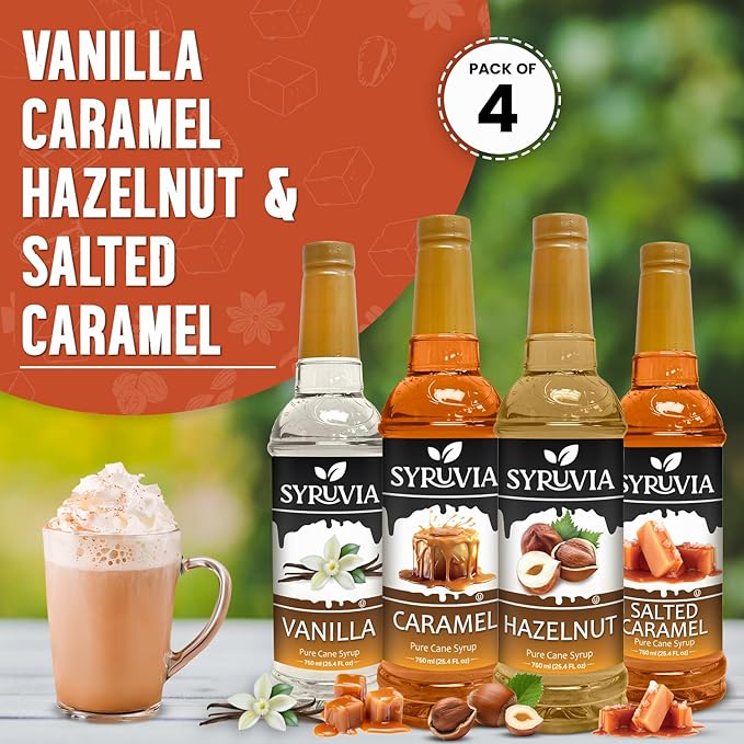 Syruvia Coffee Syrup Variety Pack Vanilla, Caramel, Hazelnut & Salted Caramel Kosher, 25.4 fl oz bottles - Elevate Your Coffee Experience!