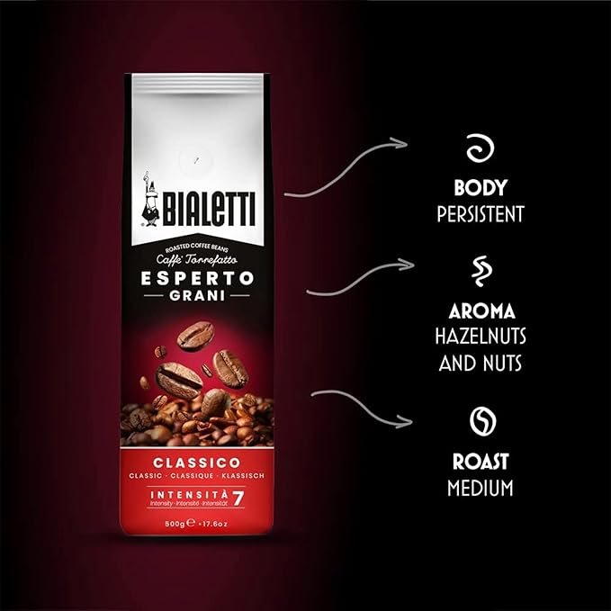 Bialetti Classico Coffee Beans, 1000g Bag - Medium Roast Intensity 8, 50% Arabica 50% Robusta Whole Bean Blend - Sweet Floral & Dried Fruit Notes For Espresso, Cappuccino & Latte Machines & Moka Pots