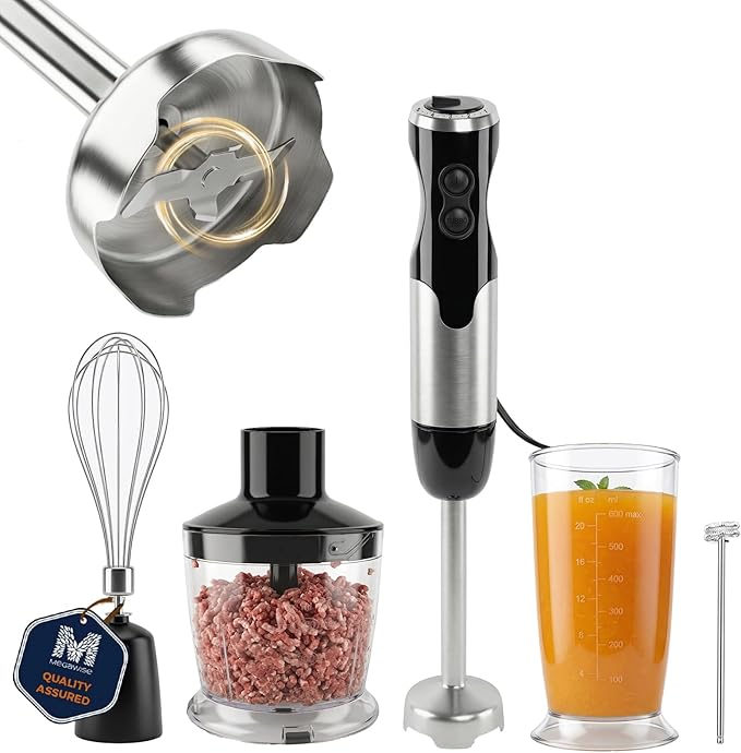 MEGAWISE HB-2062B 5-in-1 Hand Immersion Blender Set, 800W Powerful Stick Blender with Turbo Mode, Variable Speed Control, Stainless Steel Blade, Includes Whisk, Milk Frother, Chopper Bowl & Beaker