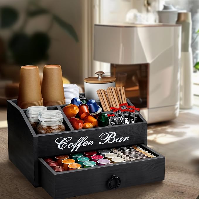 Coffee Station Organizer Pods Holder with Drawer, Farmhouse Wood Coffee Bar Accessories Decor and Tea Condiment Basket for Countertop - Image 2