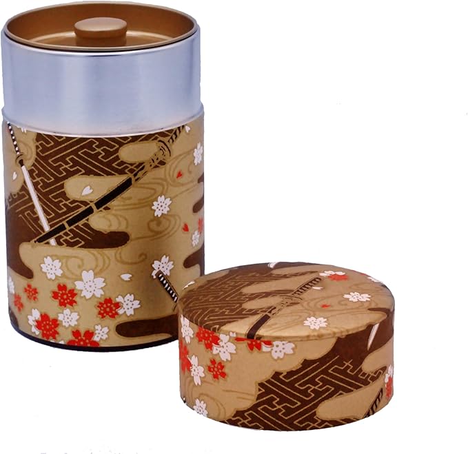 Washi Paper Tea Tin Canister: Long 3.5oz (100g) Golden Kimono -Katana Sward design (#SP23-E), Japan