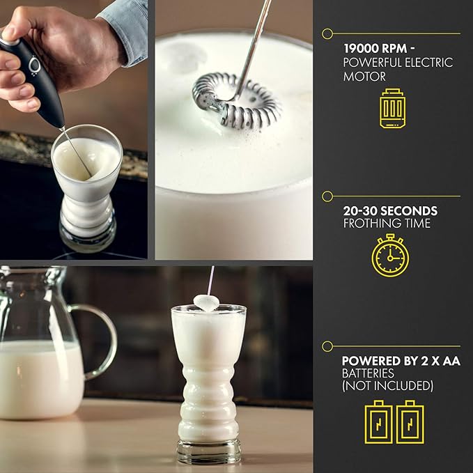 Handheld Milk Frother with Stand – Electric Milk Frother for Coffee, Latte, Cappuccino & Matcha – Battery Operated Drink Mixer, BPA-Free Stainless Steel Whisk, Portable Mini Foam Maker (Black)